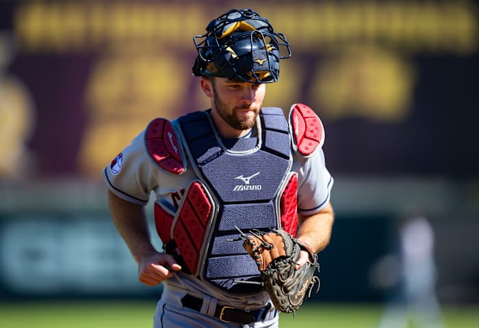 Oct 22, 2022; Phoenix, Arizona, USA; Cleveland Guardians catcher David Fry plays for the Peoria Javelinas during an Arizona Fall League baseball game at Phoenix Municipal Stadium. Mandatory Credit: Mark J. Rebilas-USA TODAY Sports